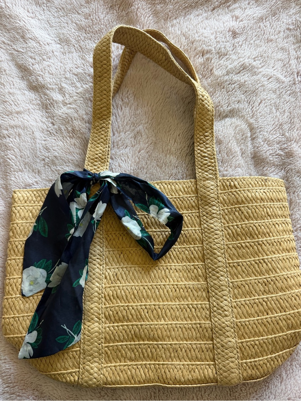 Draper James Woven Straw Tote with Navy Floral Scarf